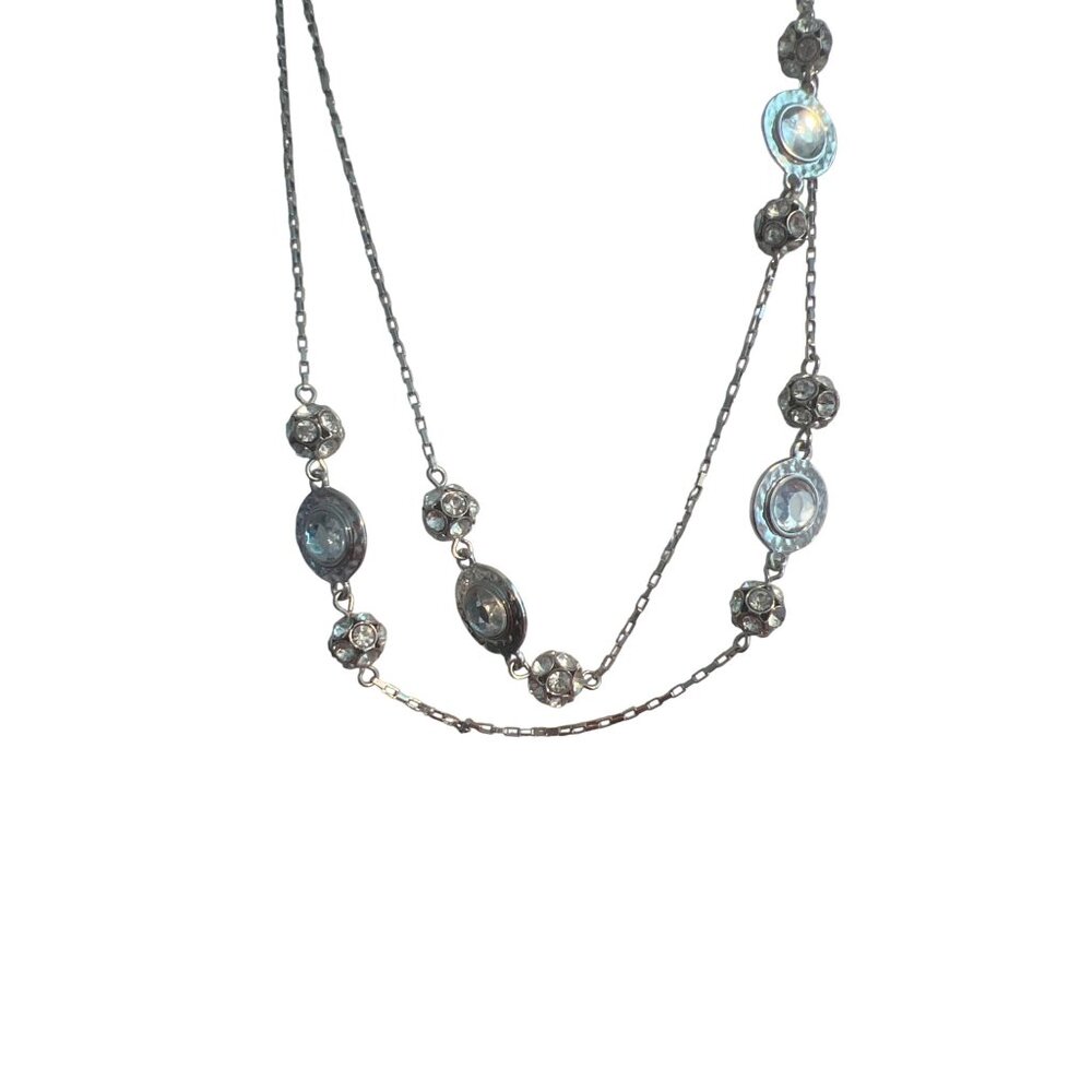 Loft Long Silver Tone Necklace Crystal Medallion Stations Rhinestone Ball Beads